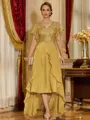 Unique A-line V-Neck Short Sleeves Appliques Lace Asymmetrical Chiffon Corset Mother of the Bride Dress