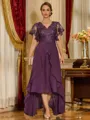 Unique A-line V-Neck Short Sleeves Appliques Lace Asymmetrical Chiffon Corset Mother of the Bride Dress