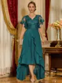 Unique A-line V-Neck Short Sleeves Appliques Lace Asymmetrical Chiffon Corset Mother of the Bride Dress