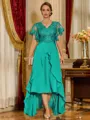 Unique A-line V-Neck Short Sleeves Appliques Lace Asymmetrical Chiffon Corset Mother of the Bride Dress