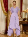 Unique A-line V-Neck Short Sleeves Appliques Lace Asymmetrical Chiffon Corset Mother of the Bride Dress