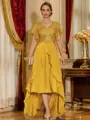 Unique A-line V-Neck Short Sleeves Appliques Lace Asymmetrical Chiffon Corset Mother of the Bride Dress