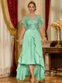 Unique A-line V-Neck Short Sleeves Appliques Lace Asymmetrical Chiffon Corset Mother of the Bride Dress