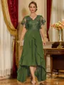 Unique A-line V-Neck Short Sleeves Appliques Lace Asymmetrical Chiffon Corset Mother of the Bride Dress