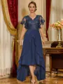 Unique A-line V-Neck Short Sleeves Appliques Lace Asymmetrical Chiffon Corset Mother of the Bride Dress