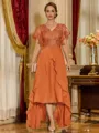 Unique A-line V-Neck Short Sleeves Appliques Lace Asymmetrical Chiffon Corset Mother of the Bride Dress