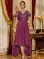 Unique A-line V-Neck Short Sleeves Appliques Lace Asymmetrical Chiffon Corset Mother of the Bride Dress