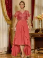 Unique A-line V-Neck Short Sleeves Appliques Lace Asymmetrical Chiffon Corset Mother of the Bride Dress
