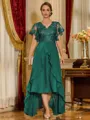 Unique A-line V-Neck Short Sleeves Appliques Lace Asymmetrical Chiffon Corset Mother of the Bride Dress