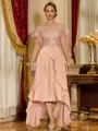Unique A-line V-Neck Short Sleeves Appliques Lace Asymmetrical Chiffon Corset Mother of the Bride Dress
