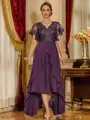 Unique A-line V-Neck Short Sleeves Appliques Lace Asymmetrical Chiffon Corset Mother of the Bride Dress