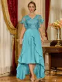 Unique A-line V-Neck Short Sleeves Appliques Lace Asymmetrical Chiffon Corset Mother of the Bride Dress