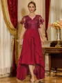 Unique A-line V-Neck Short Sleeves Appliques Lace Asymmetrical Chiffon Corset Mother of the Bride Dress