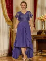 Unique A-line V-Neck Short Sleeves Appliques Lace Asymmetrical Chiffon Corset Mother of the Bride Dress