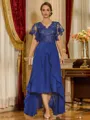 Unique A-line V-Neck Short Sleeves Appliques Lace Asymmetrical Chiffon Corset Mother of the Bride Dress