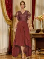 Unique A-line V-Neck Short Sleeves Appliques Lace Asymmetrical Chiffon Corset Mother of the Bride Dress