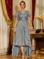 Unique A-line V-Neck Short Sleeves Appliques Lace Asymmetrical Chiffon Corset Mother of the Bride Dress