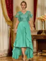 Unique A-line V-Neck Short Sleeves Appliques Lace Asymmetrical Chiffon Corset Mother of the Bride Dress