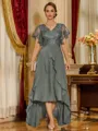 Unique A-line V-Neck Short Sleeves Appliques Lace Asymmetrical Chiffon Corset Mother of the Bride Dress