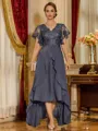Unique A-line V-Neck Short Sleeves Appliques Lace Asymmetrical Chiffon Corset Mother of the Bride Dress