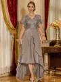 Unique A-line V-Neck Short Sleeves Appliques Lace Asymmetrical Chiffon Corset Mother of the Bride Dress