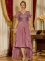 Unique A-line V-Neck Short Sleeves Appliques Lace Asymmetrical Chiffon Corset Mother of the Bride Dress