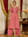 Unique A-line V-Neck Short Sleeves Appliques Lace Asymmetrical Chiffon Corset Mother of the Bride Dress