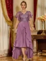Unique A-line V-Neck Short Sleeves Appliques Lace Asymmetrical Chiffon Corset Mother of the Bride Dress
