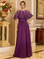 Graceful A-line Scoop Short Sleeves Appliques Lace Floor-Length Chiffon Mother of the Bride Dress