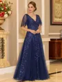 Regal A-line V-Neck Short Sleeves Sequin Floor-Length Tulle Corset Mother of the Bride Dress