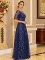 Regal A-line V-Neck Short Sleeves Sequin Floor-Length Tulle Corset Mother of the Bride Dress