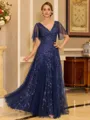 Regal A-line V-Neck Short Sleeves Sequin Floor-Length Tulle Corset Mother of the Bride Dress