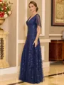 Regal A-line V-Neck Short Sleeves Sequin Floor-Length Tulle Corset Mother of the Bride Dress