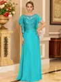 Stylish A-line Scoop Short Sleeves Appliques Lace Floor-Length Chiffon Mother of the Bride Dress