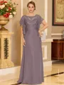 Stylish A-line Scoop Short Sleeves Appliques Lace Floor-Length Chiffon Mother of the Bride Dress