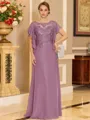 Stylish A-line Scoop Short Sleeves Appliques Lace Floor-Length Chiffon Mother of the Bride Dress
