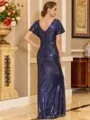 Flattering Sheath Scoop Short Sleeves Pleated Floor-Length Sequins Corset Mother of the Bride Dress