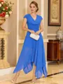 Understated A-line Cowl Short Sleeves Pleated Tea-Length Chiffon Corset Mother of the Bride Dress