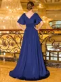 Gracious A-line V-Neck Short Sleeves Pleated Sweep Train Jersey Mother of the Bride Dress