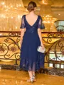 Immaculate A-line V-Neck Short Sleeves Appliques Lace Tea-Length Chiffon Corset Mother of the Bride Dress