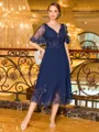 Immaculate A-line V-Neck Short Sleeves Appliques Lace Tea-Length Chiffon Corset Mother of the Bride Dress