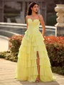 Perfect A-line Sweetheart Cascading Ruffles Sweep Train Chiffon Corset Prom Dress