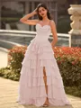 Perfect A-line Sweetheart Cascading Ruffles Sweep Train Chiffon Corset Prom Dress