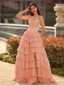 Perfect A-line Sweetheart Cascading Ruffles Sweep Train Chiffon Corset Prom Dress