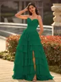 Perfect A-line Sweetheart Cascading Ruffles Sweep Train Chiffon Corset Prom Dress