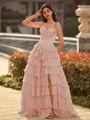Perfect A-line Sweetheart Cascading Ruffles Sweep Train Chiffon Corset Prom Dress