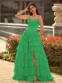 Perfect A-line Sweetheart Cascading Ruffles Sweep Train Chiffon Corset Prom Dress