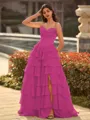 Perfect A-line Sweetheart Cascading Ruffles Sweep Train Chiffon Corset Prom Dress