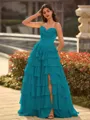 Perfect A-line Sweetheart Cascading Ruffles Sweep Train Chiffon Corset Prom Dress
