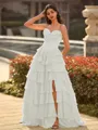 Perfect A-line Sweetheart Cascading Ruffles Sweep Train Chiffon Corset Prom Dress